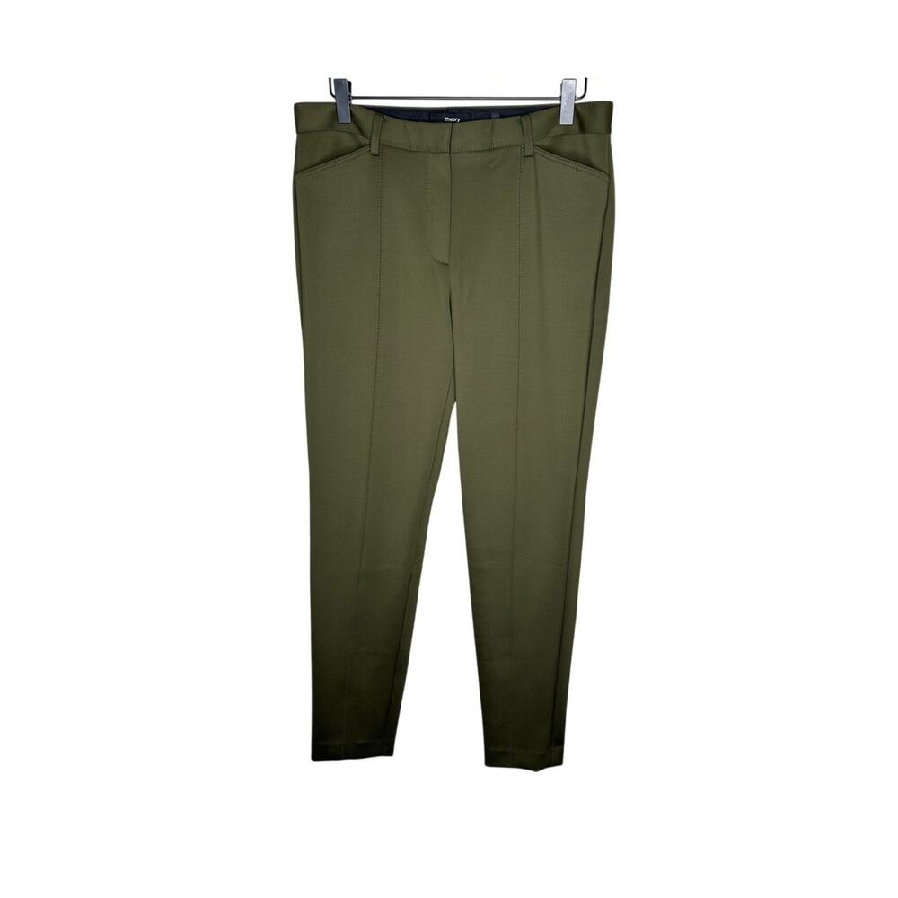 Theory Knit Tech Seam Trousers Pants Womens 8 Olive Green Ankle Zip Slim NWT